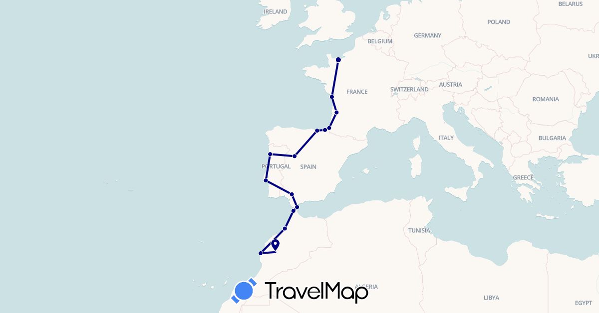 TravelMap itinerary: driving in Spain, France, Gibraltar, Morocco, Portugal (Africa, Europe)